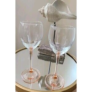 Two- 1960's Unbranded Rose Pink Stem Crystal Wine Glasses 7 3/8" Tall